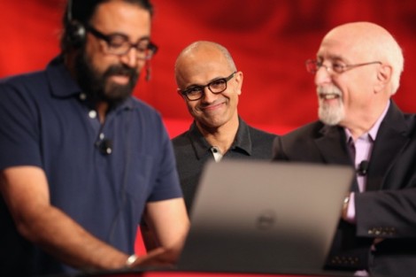 Microsoft CEO Satya Nadella (center) unveiled live-translation for Skype at Re/code's Code Conference last night. Credit: Re/code